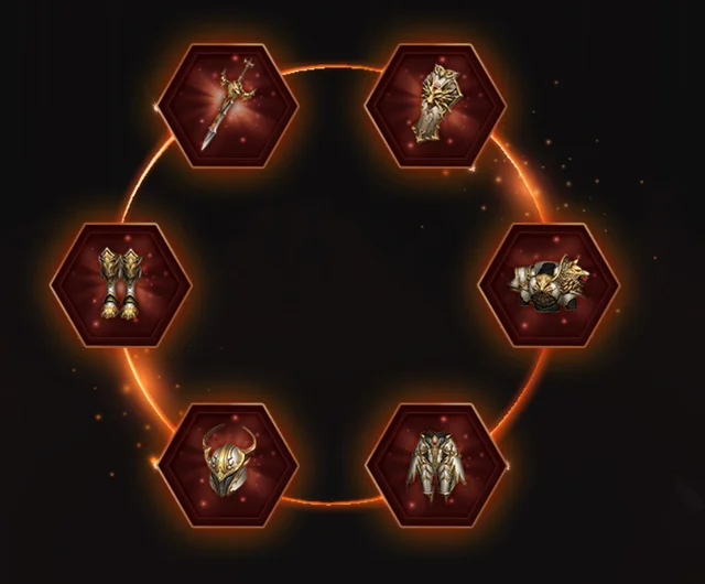 Peças do Set Temple: arma, escudo, armadura, calça, luvas e elmo